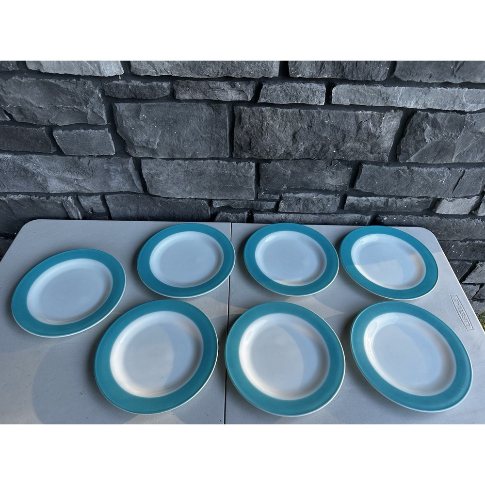 Vintage 1950's Pyrex Milk Glass & Turquoise Blue Band 10" Dinner Plate Set of 7 - Picture 3 of 6
